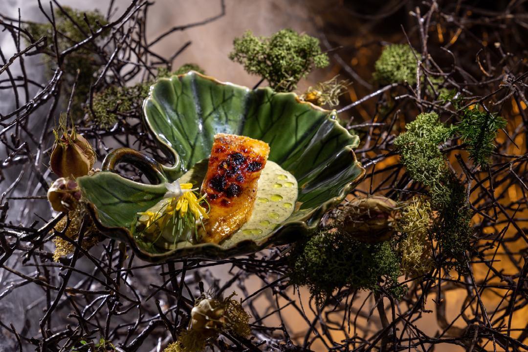 Binchotan chicken lacquered in gula apong on a cassava-leaf creme, Course II Forest