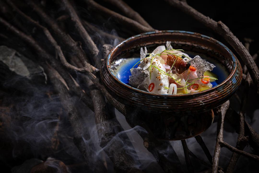 Swordfish umai ceviche with a tebaloi cracker, chilli, shallot and sago grub, Course IV Coast